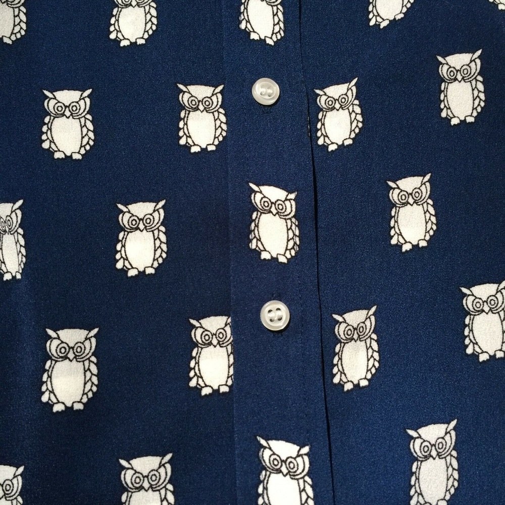 J. CREW Blue Owl Print Shirt critter Button Front Blouse - Picture 4 of 8